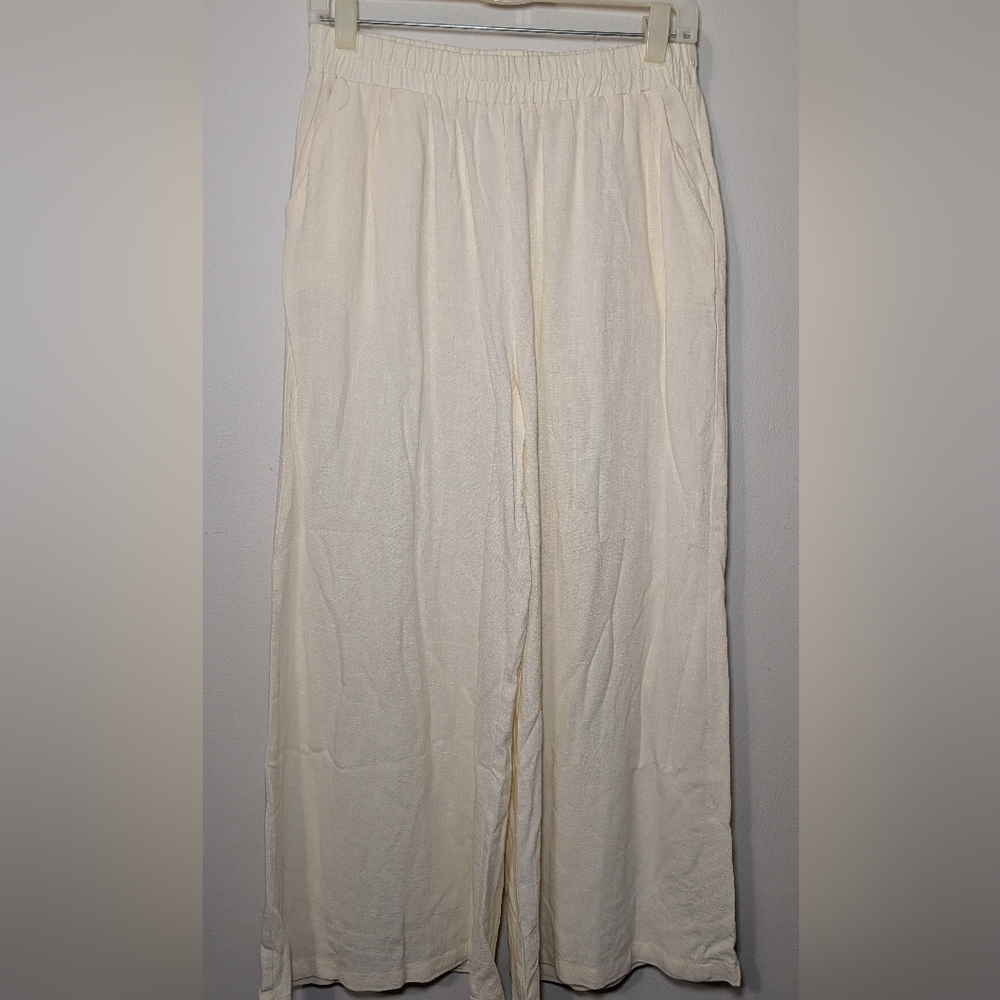 Anrabess Linen-Blend Wide Leg Pants Cream High Waist Cottagecore Women's Size M